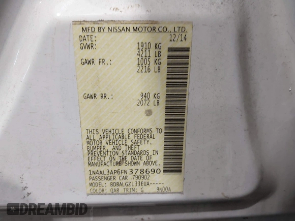 2015 Nissan Altima 2.5 S with VIN 1N4AL3AP6FN378690, listed as a IAAI auction lot 41612014 with 124,680 mi miles. Bid and sale history available at carsss.com. Image 9.