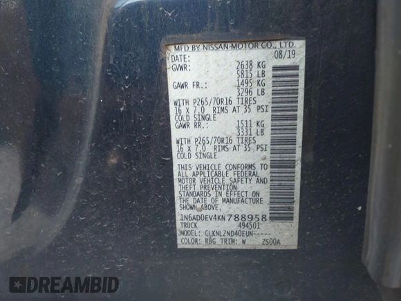 2019 Nissan Frontier SV with VIN 1N6AD0EV4KN788958, listed as a IAAI auction lot 42350160 with 129,837 mi miles and . Bid and sale history available at DreamBid. Image 9.