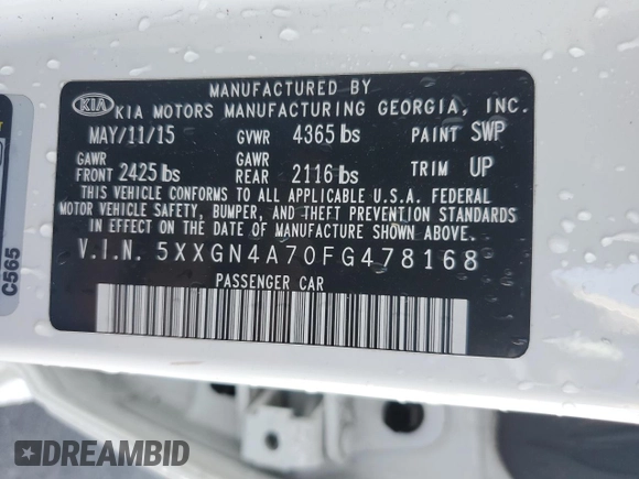 2015 Kia Optima EX with VIN 5XXGN4A70FG478168, listed as a Copart auction lot 51383865 with 108,050 mi miles and Salvage Title. Bid and sale history available at carsss.com. Image 12.