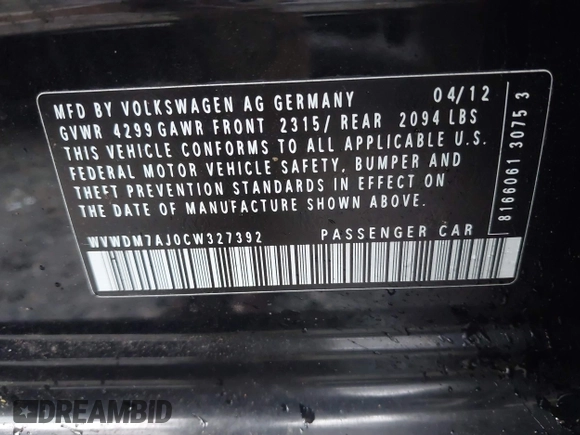 2012 Volkswagen Golf TDI с VIN WVWDM7AJ0CW327392, выставлен на аукционе IAAI как лот 41597767 с пробегом 150 391 миль миль и . История ставок и продаж доступна на DreamBid. Изображение 9.