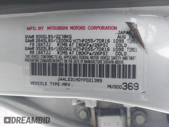 2000 Mitsubishi Montero LS z VIN JA4LS31H0YP021389, wystawiony jako IAAI lot #41443537 z przebiegiem 253 565 mil mil oraz . Historia ofert i sprzedaży dostępna na DreamBid. Obrazek 9.