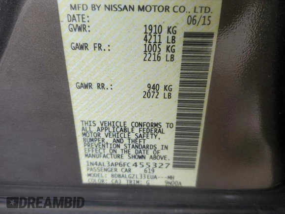 2015 Nissan Altima SV z VIN 1N4AL3AP6FC455327, wystawiony jako Copart lot #58084375 z przebiegiem 200 858 mil mil oraz Szkoda całkowita • Salvage title. Historia ofert i sprzedaży dostępna na DreamBid. Obrazek 12.