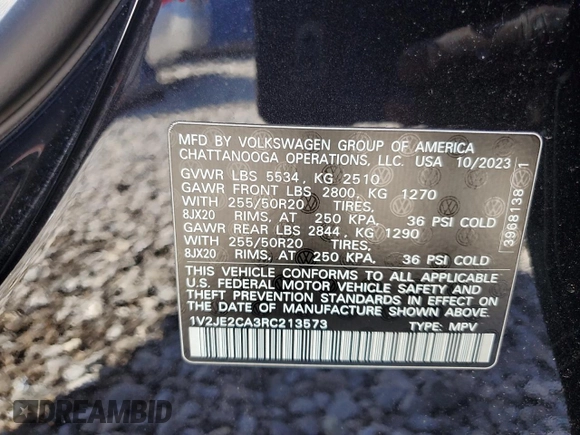 2024 Volkswagen Atlas SE with VIN 1V2JE2CA3RC213573, listed as a Copart auction lot 55290605 with 24,278 mi miles and Salvage title. Bid and sale history available at DreamBid. Image 13.