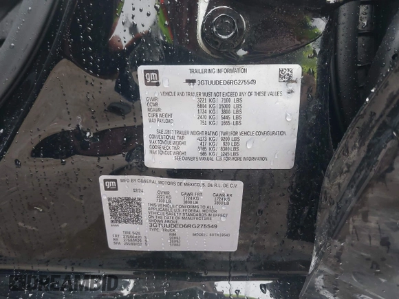 2024 GMC Sierra 1500 SLT with VIN 3GTUUDED6RG275549, listed as a IAAI auction lot 42481593 with 6,174 mi miles and . Bid and sale history available at DreamBid. Image 9.