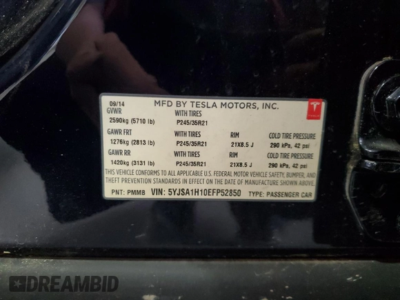 2014 Tesla Model S 60 with VIN 5YJSA1H10EFP52850, listed as a Copart auction lot 54321805 with 58,031 mi miles and Salvage Title. Bid and sale history available at DreamBid. Image 12.