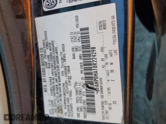 2011 Ford Fusion SE with VIN 3FAHP0HA1BR224298, listed as a Copart auction lot 52507205 with 223,048 mi miles and Salvage Title. Bid and sale history available at carsss.com. Image 12.