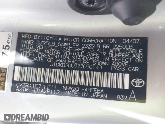 2007 Toyota Prius with VIN JTDKB20U977090140, listed as a IAAI auction lot 42688038 with 198,665 mi miles and . Bid and sale history available at DreamBid. Image 9.
