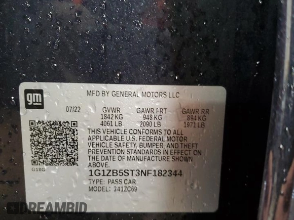 2022 Chevrolet Malibu LS with VIN 1G1ZB5ST3NF182344, listed as a Copart auction lot 50720925 with Not Provided miles and Salvage Title. Bid and sale history available at DreamBid. Image 13.