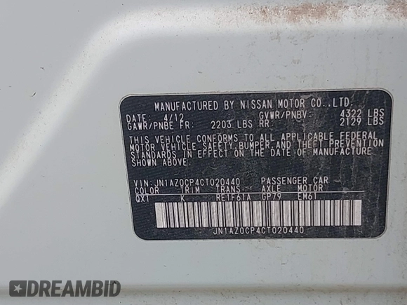 2012 Nissan LEAF SL with VIN JN1AZ0CP4CT020440, listed as a IAAI auction lot 42183809 with 65,255 mi miles and . Bid and sale history available at DreamBid. Image 9.