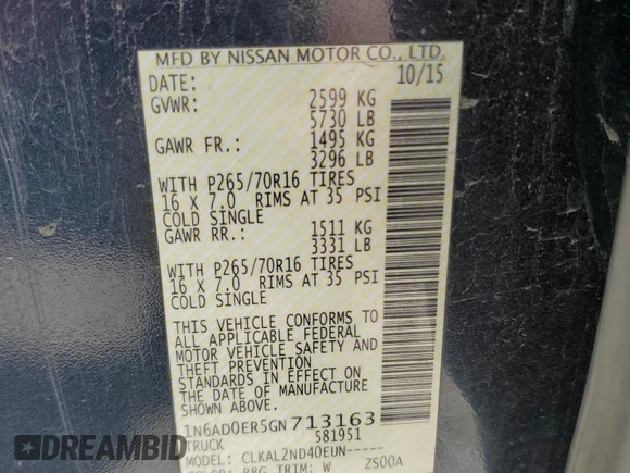 2016 Nissan Frontier SV z VIN 1N6AD0ER5GN713163, wystawiony jako Copart lot #56670755 z przebiegiem 190 344 mil mil oraz Szkoda całkowita • Salvage title. Historia ofert i sprzedaży dostępna na DreamBid. Obrazek 13.