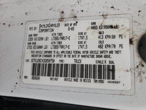 2003 Dodge Ram 2500 ST with VIN 3D7KU28CX3G850750, listed as a Copart auction lot 46476594 with 0 mi miles and Non Repairable. Bid and sale history available at carsss.com. Image 12.
