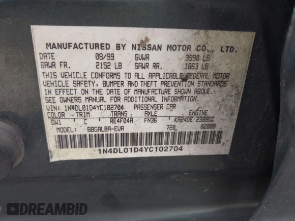 2000 Nissan Altima XE with VIN 1N4DL01D4YC102704, listed as a IAAI auction lot 41538425 with 228,639 mi miles and . Bid and sale history available at DreamBid. Image 9.