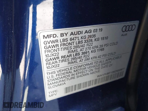 2019 Audi Q8 Prestige z VIN WA1FVBF13KD033878, wystawiony jako IAAI lot #41461807 z przebiegiem 53 697 mil mil oraz . Historia ofert i sprzedaży dostępna na DreamBid. Obrazek 9.