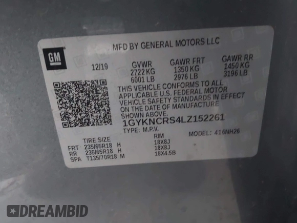 2020 Cadillac XT5 Premium Luxury FWD with VIN 1GYKNCRS4LZ152261, listed as a IAAI auction lot 41300929 with 53,709 mi miles. Bid and sale history available at carsss.com. Image 9.