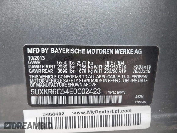 2014 BMW X5 xDrive50i with VIN 5UXKR6C54E0C02423, listed as a IAAI auction lot 42278044 with 122,370 mi miles and . Bid and sale history available at DreamBid. Image 9.