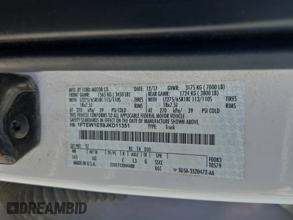 2018 Ford F-150 XL with VIN 1FTEW1E59JKD11351, listed as a IAAI auction lot 42663848 with 128,761 mi miles and . Bid and sale history available at DreamBid. Image 43.