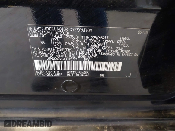 2010 Toyota RAV4 Ltd with VIN JTMDK4DV0AD015794, listed as a IAAI auction lot 41987844 with 167,366 mi miles. Bid and sale history available at carsss.com. Image 9.
