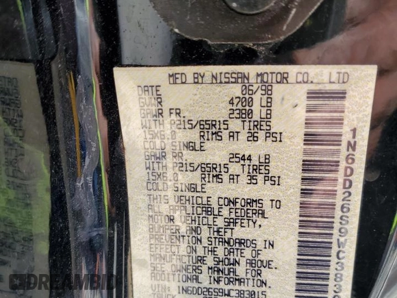 1998 Nissan Frontier XE z VIN 1N6DD26S9WC383015, wystawiony jako Copart lot #51453755 z przebiegiem 223 770 mil mil oraz Szkoda całkowita • Salvage title. Historia ofert i sprzedaży dostępna na DreamBid. Obrazek 13.