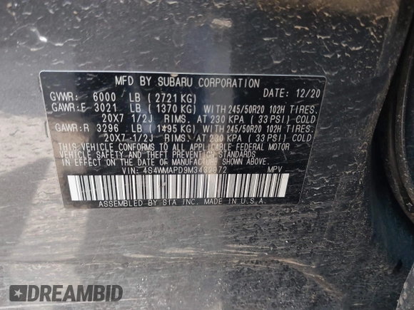 2021 Subaru Ascent Limited with VIN 4S4WMAPD9M3432972, listed as a IAAI auction lot 42272157 with 52,435 mi miles and . Bid and sale history available at DreamBid. Image 9.