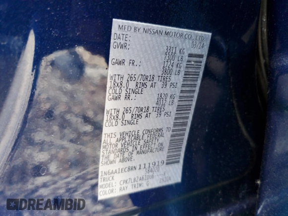 2024 Nissan Titan SV with VIN 1N6AA1EC8RN111919, listed as a Copart auction lot 62330195 with 1,866 mi miles and Salvage title. Bid and sale history available at DreamBid. Image 13.