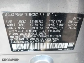 2019 Honda HR-V EX-L with VIN 3CZRU6H71KM706288, listed as a IAAI auction lot 41600575 with 76,645 mi miles. Bid and sale history available at carsss.com. Image 9.