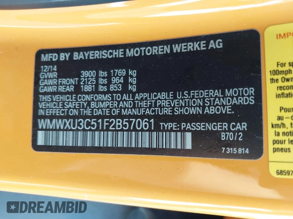 2015 MINI Hardtop 4 Door S z VIN WMWXU3C51F2B57061, wystawiony jako IAAI lot #41691431 z przebiegiem 66 406 mil mil oraz . Historia ofert i sprzedaży dostępna na DreamBid. Obrazek 9.