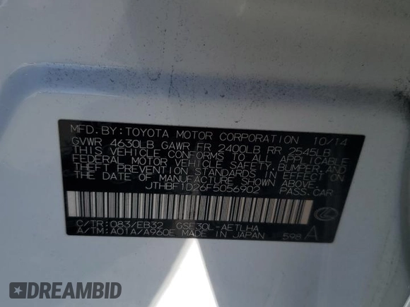 2015 Lexus IS 250 with VIN JTHBF1D26F5056902, listed as a Copart auction lot 56052755 with 153,316 mi miles and Salvage title. Bid and sale history available at DreamBid. Image 12.