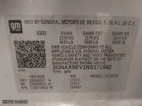 2022 Chevrolet Equinox LS with VIN 3GNAXSEV1NS171962, listed as a IAAI auction lot 40991473 with 69,667 mi miles. Bid and sale history available at carsss.com. Image 9.