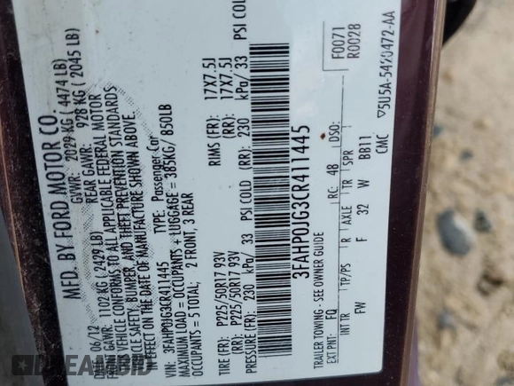 2012 Ford Fusion SEL with VIN 3FAHP0JG3CR411445, listed as a Copart auction lot 60745575 with 209,421 mi miles and Salvage title. Bid and sale history available at DreamBid. Image 12.