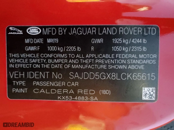 2020 Jaguar F-TYPE P300 with VIN SAJDD5GX8LCK65615, listed as a Copart auction lot 69666334 with NaN miles and Salvage Title. Bid and sale history available at carsss.com. Image 12.