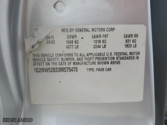 2003 Pontiac Grand Am GT with VIN 1G2NW52E03M575470, listed as a Copart auction lot 41667585 with NaN miles and Salvage Title. Bid and sale history available at carsss.com. Image 13.