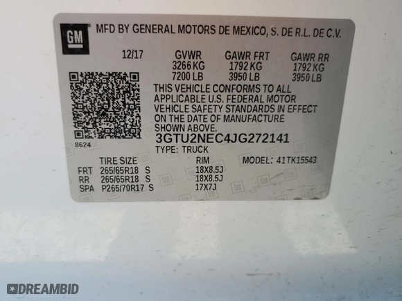 2018 GMC Sierra 1500 SLT with VIN 3GTU2NEC4JG272141, listed as a Copart auction lot 55628954 with 75,472 mi miles and Salvage Title. Bid and sale history available at carsss.com. Image 12.