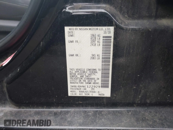 2019 Nissan Altima SV with VIN 1N4BL4DV4KC122929, listed as a IAAI auction lot 42126187 with 146,842 mi miles and . Bid and sale history available at DreamBid. Image 9.