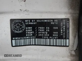 2013 Volkswagen Golf с VIN WVWDA7AJ5DW018351, выставлен на аукционе Copart как лот 59557595 с пробегом 215 043 миль миль и Чистый • Clean title. История ставок и продаж доступна на DreamBid. Изображение 12.