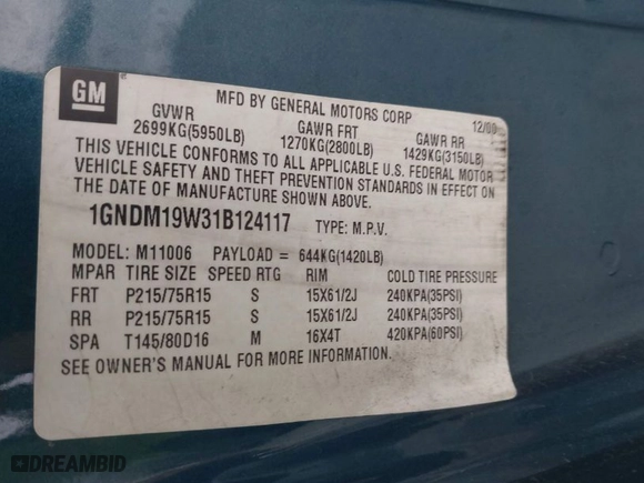 2001 Chevrolet Astro Passenger with VIN 1GNDM19W31B124117, listed as a IAAI auction lot 42028173 with 1 mi miles. Bid and sale history available at carsss.com. Image 9.