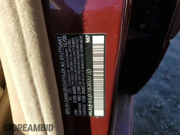 2001 Mercedes-Benz E-Class with VIN WDBJF65JX1B303735, listed as a Copart auction lot 78671914 with 116,290 mi miles and Salvage Title. Bid and sale history available at carsss.com. Image 14.
