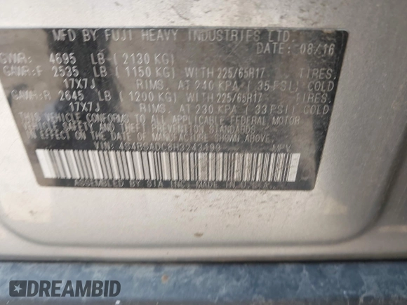 2017 Subaru Outback Premium с VIN 4S4BSADC8H3243199, выставлен на аукционе IAAI как лот 42416434 с пробегом 117 773 миль миль и . История ставок и продаж доступна на DreamBid. Изображение 9.