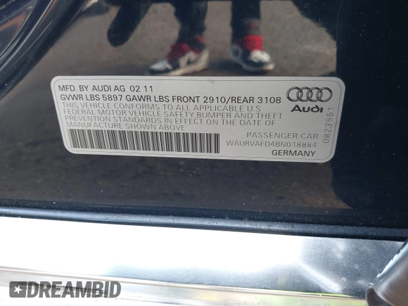 2011 Audi A8 with VIN WAURVAFD4BN018884, listed as a IAAI auction lot 42693000 with 116,952 mi miles and . Bid and sale history available at DreamBid. Image 9.