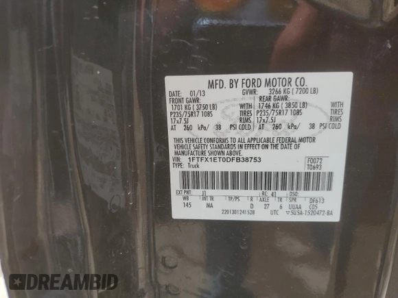 2013 Ford F-150 XL with VIN 1FTFX1ET0DFB38753, listed as a Copart auction lot 61244495 with 211,235 mi miles and Salvage title. Bid and sale history available at DreamBid. Image 12.