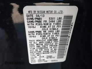 2013 Infiniti FX with VIN JN8CS1MU8DM142478, listed as a IAAI auction lot 42177223 with 156,946 mi miles and . Bid and sale history available at DreamBid. Image 9.