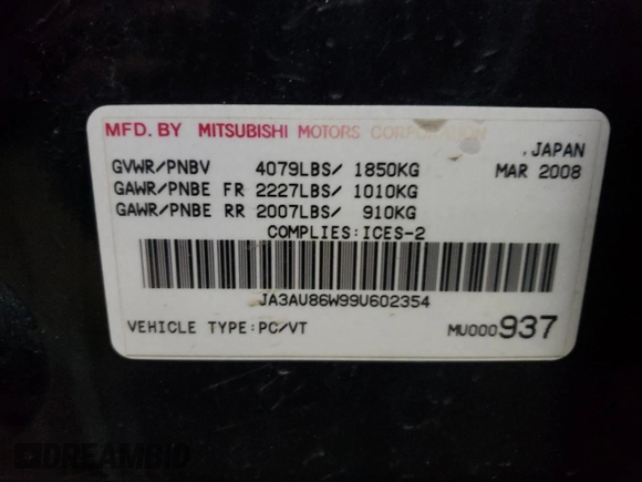 2009 Mitsubishi Lancer GTS z VIN JA3AU86W99U602354, wystawiony jako Copart lot #58919705 z przebiegiem 232 045 mil mil oraz Szkoda całkowita • Salvage title. Historia ofert i sprzedaży dostępna na DreamBid. Obrazek 13.