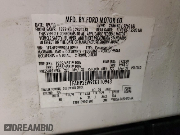 2012 Ford Taurus SEL with VIN 1FAHP2EW9CG110943, listed as a Copart auction lot 47832335 with 107,805 mi miles and Clean Title. Bid and sale history available at DreamBid. Image 13.