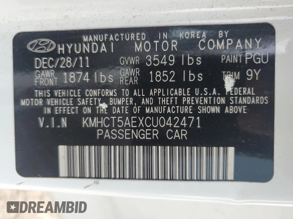 2012 Hyundai Accent GS with VIN KMHCT5AEXCU042471, listed as a Copart auction lot 56317385 with 173,493 mi miles and Salvage title. Bid and sale history available at DreamBid. Image 12.