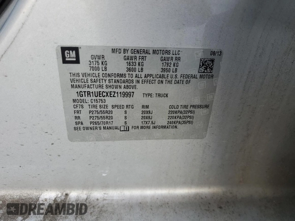 2014 GMC Sierra 1500 SLE z VIN 1GTR1UECXEZ119997, wystawiony jako Copart lot #54802505 z przebiegiem 190 978 mil mil oraz Szkoda całkowita • Salvage title. Historia ofert i sprzedaży dostępna na DreamBid. Obrazek 13.
