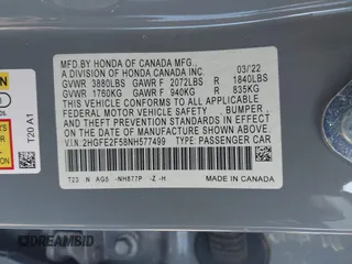 2022 Honda Civic Sport with VIN 2HGFE2F58NH577499, listed as a IAAI auction lot 41448023 with 44,001 mi miles and . Bid and sale history available at carsss.com. Image 9.