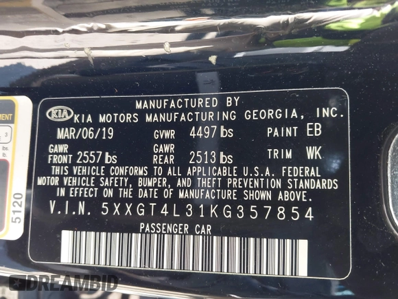 2019 Kia Optima LX with VIN 5XXGT4L31KG357854, listed as a IAAI auction lot 41458399 with 167,500 mi miles. Bid and sale history available at carsss.com. Image 9.