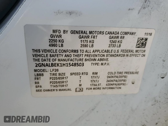 2017 Chevrolet Equinox LS with VIN 2GNALBEK1H1548503, listed as a Copart auction lot 56247655 with 121,975 mi miles and Salvage Title. Bid and sale history available at DreamBid. Image 12.