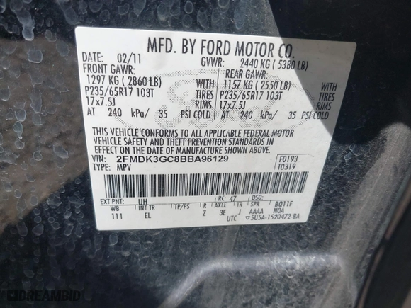 2011 Ford Edge SE with VIN 2FMDK3GC8BBA96129, listed as a IAAI auction lot 41904489 with 139,411 mi miles. Bid and sale history available at carsss.com. Image 9.