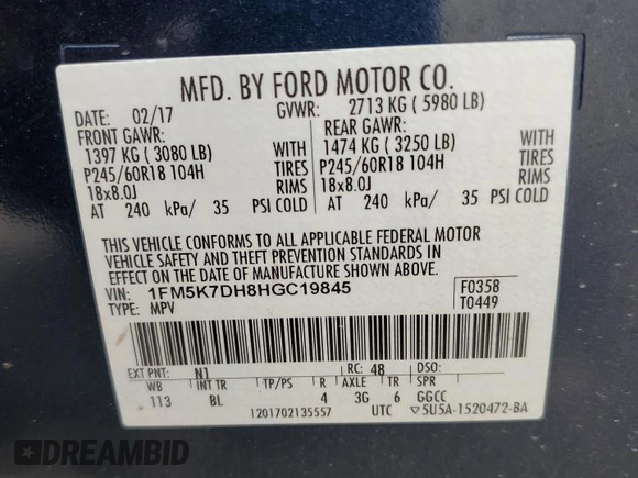 2017 Ford Explorer XLT с VIN 1FM5K7DH8HGC19845, выставлен на аукционе Copart как лот 59868315 с пробегом 85 117 миль миль и Списание • Salvage title. История ставок и продаж доступна на DreamBid. Изображение 13.