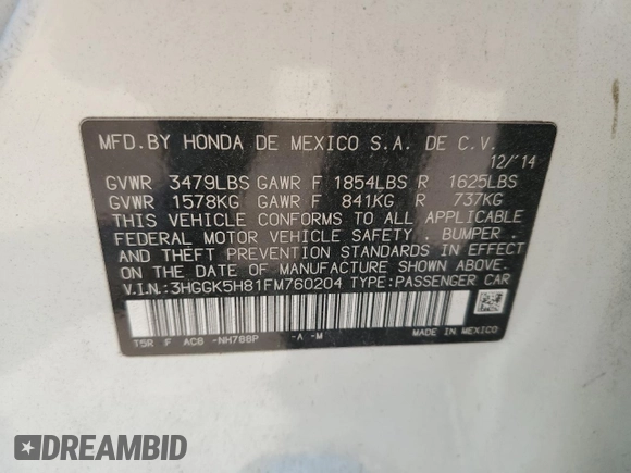 2015 Honda Fit EX-L z VIN 3HGGK5H81FM760204, wystawiony jako Copart lot #56827025 z przebiegiem 125 962 mil mil oraz Szkoda całkowita • Salvage title. Historia ofert i sprzedaży dostępna na DreamBid. Obrazek 12.